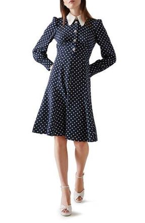 L.k. Bennett Mathilde Polka Dot Long Sleeve Silk Fit & Flare Dress in Spring Navy/Antique at Nordstrom Rack, Size 2 Us / 6 Uk