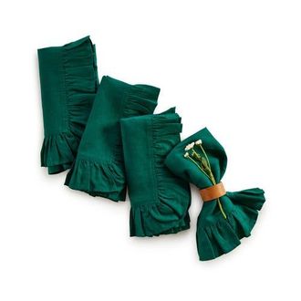Solino Home Linen Dinner Napkins Set of 4, 20 x 20 Inch for Dining Table, Holiday and Everyday Table Decor - Gabrielle Ruffle in Rainforest at