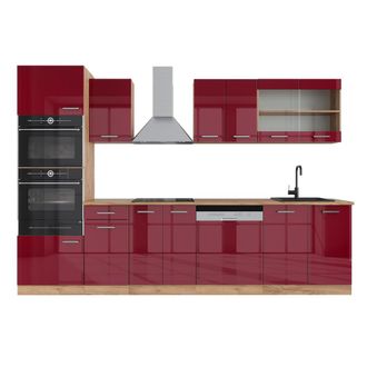 Vicco Mueble De Cocina R-line, Burdeos Brillo Intenso/roble Dorado, 300 Cm Con Armario Alto, Et Roble