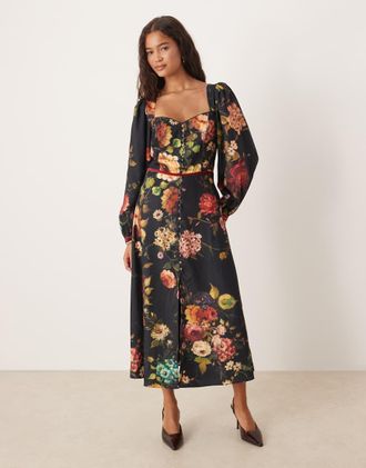 Hope & Ivy Vestito da giorno midi ottanio a fiori con bottoni sul davanti e schiena scoperta-Multicolore