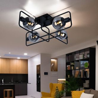 ETC Shop Lampada da soffitto lampada da soffitto industriale nera retrò lampada da soggiorno color fumo sfere di vetro, metallo, 4 fiamme E14, LxPxH 61x61x20