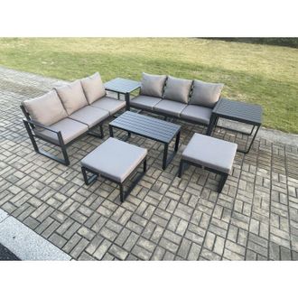 Fimous Fimous Aluminium Patio Outdoor Garden Furniture Lounge Sofa Set with Oblong Coffee Table 2 Big Footstools 2 Side Tables Dark Grey