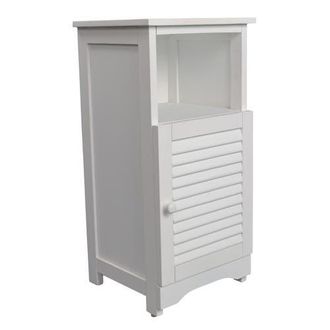 Happimess Serene Handcrafted Acacia Wood Bathroom Freestanding Floor Storage Cabinet with Louvered Door and Open Shelf in White at Nordstrom