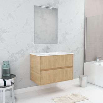 Aurlane Aurlane - Pack Mueble De Ba&ntilde;o 80 Cm Roble Claro 2 Cajones, Lavabo, Espejo 60x80 Y Aplique Led