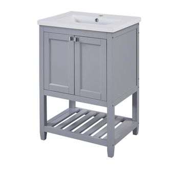 Urban Meuble Mueble de Ba&ntilde;o Gris 60cm - Lavabo Cer&aacute;mico y Estante Abierto de Madera
