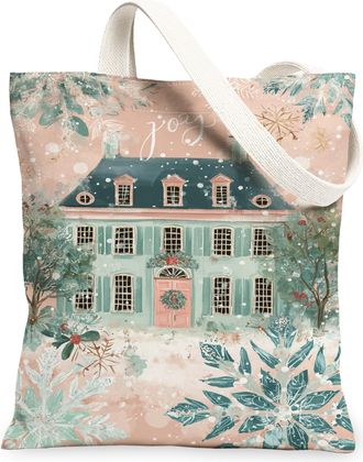 Generic Winter House Canvas Tote Bags, Vintage Floral Home Design Reusable Grocery Bags, Holiday Lightweight Washable Shoulder Stra, Peach, 13x15 Inch