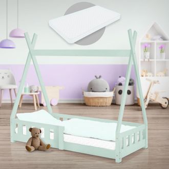 ML Design Ml-design - Cama Infantil Tipi Verde Menta Con Colch&oacute;n 70x140 Cm Protecci&oacute;n Antica&iacute;da Y Somier Estructura Listones De Madera Maciza De Pino Para Ni&ntilde;as