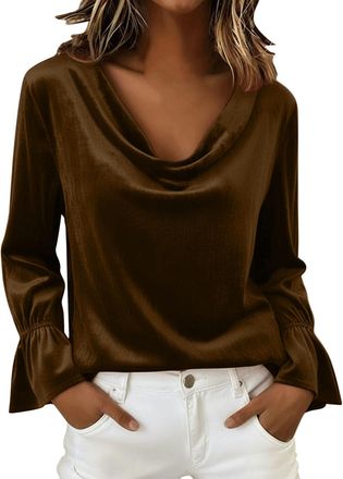 Generic Velvet Tops for Women, Ladies Elegant Cowl Neck Blouse Long Sleeve Wrap Tops Evening Tops for Women with Trumpet Sleeve Loose Fit Tunic Shirt Vintage 