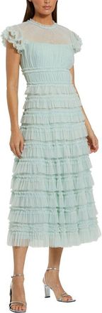 Mac Duggal Mesh Micro Ruffle High Neck Cap Sleeve Midi Dress