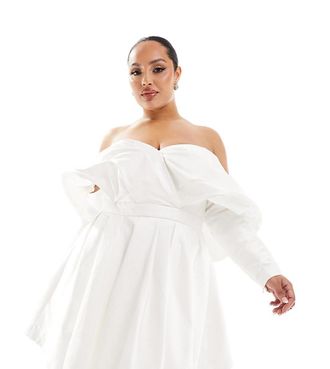 Asos Curve ASOS DESIGN Curve Lila satin structured off shoulder mini wedding dress with full skirt in ivory-White