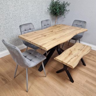 Kosy Koala Wooden Dining Table with Bench & 4 Grey Velvet Chairs, Stylish Dining Room Furniture in Brown