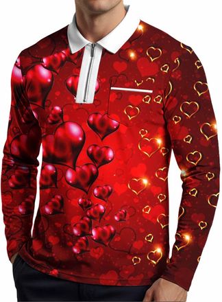 Generic Mens Quarter Zip Athletic Top & Valentines Polo Shirt | Long Sleeve Workout Design with Wicking Fabric & 3D Digital Print | Tennis & Sports Shirt for 