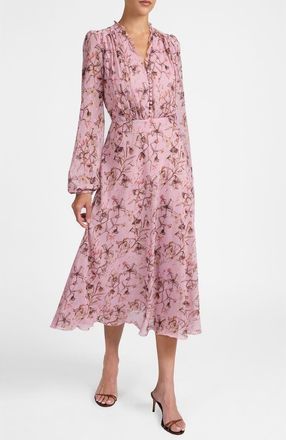 Santorelli Amal Long Sleeve Midi Dress in Floral Georgette in Sweet Pink at Nordstrom, Size 4