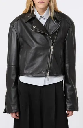 Sportmax Vicario Fringe Lambskin Leather Crop Jacket in Black at Nordstrom, Size 12