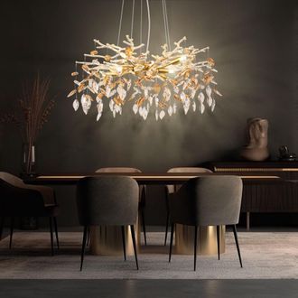 Globo Lighting Lampada A Sospensione Lampadario Lampadario Lampadario Da Tavolo Lampada In Vetro Foglie Cristalli, Metallo, 8x Prese G9, Dxh 61x120 Cm