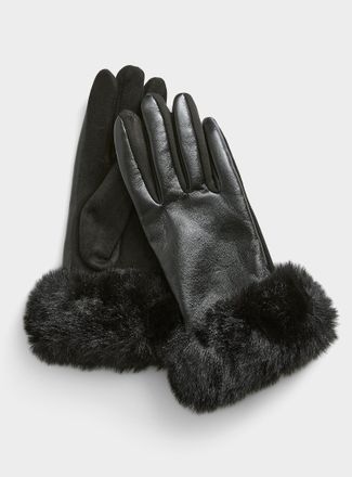 Simons Womens Faux leather and faux fur gloves