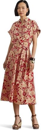 Lauren Ralph Lauren Floral Belted Crepe Dress Womens Dress Red/Tan : 16, Polyester