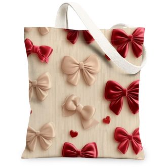 Generic Valentines Day Bow Pattern Canvas Tote Bags, Elegant Ribbon Design Reusable Shopping Bags, Lightweight Washable Shoulder Strap Tote for Gym Outdoor Tr