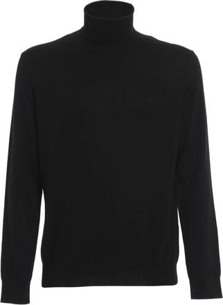 Emporio Armani Zwarte Wollen Trui met Geborduurd Adelaarslogo - Heren - Coltruien - Zwart - L - Wol - Truien & Vesten