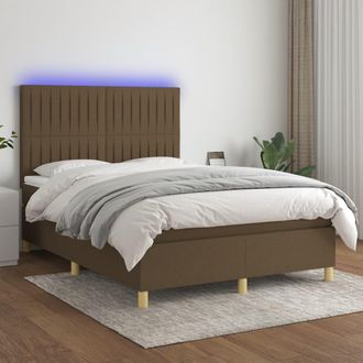 vidaXL Vidaxl - Cama Box Spring Colch&oacute;n Luces Led Tela Marr&oacute;n Oscuro 140x190 Cm