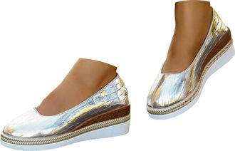 Generic Womens Platform Espadrilles Wedge Shoes Slip On Closed Round Toe Casual Shiny Pumps Dressy Women Chunky Block High Heel Orthopedic Shoes Solid Low Top