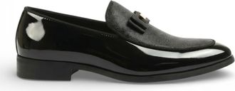 Infinity Leather Mens Navy Blue Textured Front Iconic Buckle Bow Loafers Shoes