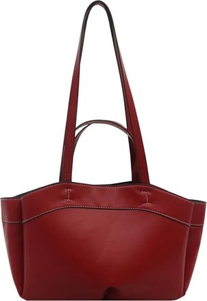 Generic Solid Color Leather Handbag Women Single Shoulder Tote Bag, Large Capacity Commuting Set Handbags Shopping Cross Body Bags(Burgundy)