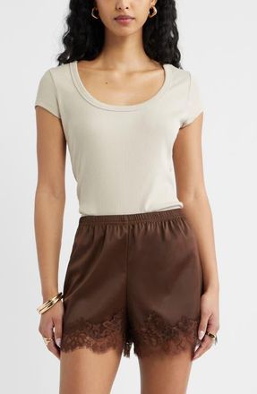 Open Edit Lace Trim Satin Shorts in Brown Terra at Nordstrom, Size Xx-Small