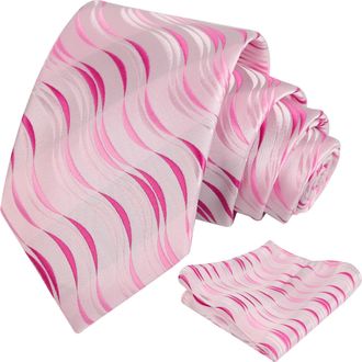 Alizeal Mens Wavy Stripes Necktie Novelty Multicolor Modern Party Porm Tie and Pocket Square Set, Light Pink+Magenta
