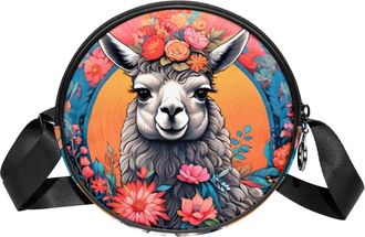 Generic Circle Crossbody Bag for Women, Color Drawing Alpaca Small Sling Bag Daypack with Zipper Adjustable Shoulder Straps Casual Ladies Girls Round Purse