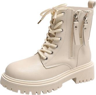 Generic Boots for Women UK Lace up Combat Boots Fashion Mid Calf Biker Ankle Booties Modern Winter Chelsea Boot with Side Zip Outdoor Non-Slip Hiking Shoes