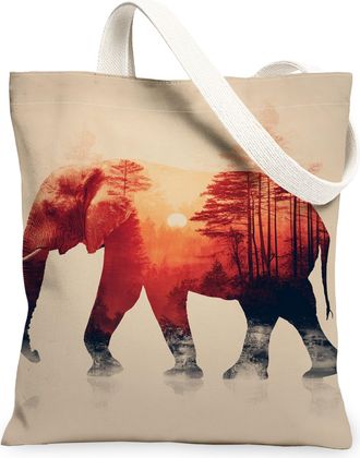 Generic Elephant Canvas Tote Bags, Artistic Wildlife Design Reusable Grocery Bags, Vintage Nature Lightweight Washable Shoulder Str, Beige, 13x15 Inch