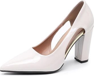 Generic Womens Pointed Toe High Block Heels with Side Cutout Slip On Dressy Pumps Business Events Party Formal Court Shoes (White,7.5)