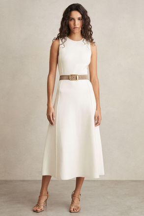 Reiss Womens Cream Cotton Knitted Seam Detail Midi Dress, Size: M