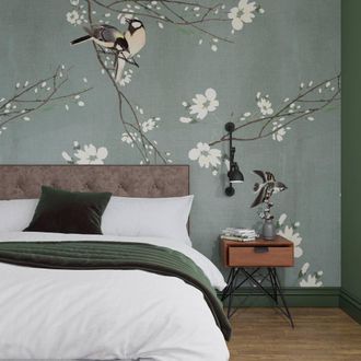 Superfresco Easy Birds & Blossom Dark Duck Egg Print To Order 3m x 2.8m Mural in Blue