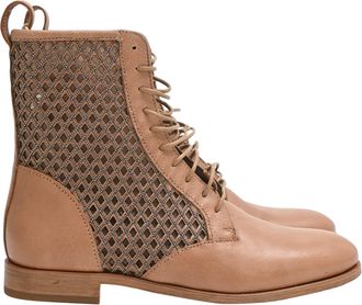 Brunello Cucinelli Beaded Lace-Up Ankle Boots in Brown Leather