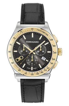 Ferragamo 1927 Chronograph Leather Strap Watch, 42mm in Two Tone Black at Nordstrom