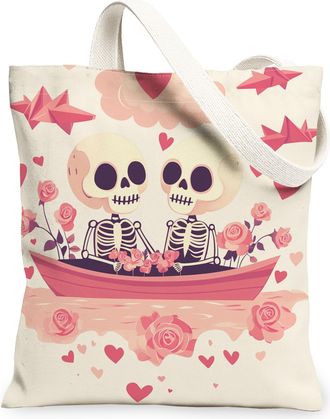Generic Romantic Valentines Day Canvas Tote Bag for Shopping 13x15, Simple Skeleton Skull Couple Reusable Grocery Print Bag for Women, Fun Lover Beach Aesthet