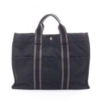 Herm&egrave;s Black Gray Canvas Tote Bag (Pre-Owned)