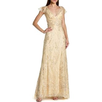 Mac Duggal V-Neck Flutter Sleeve Embroidered Lace Evening Gown in Gold at Nordstrom, Size 14