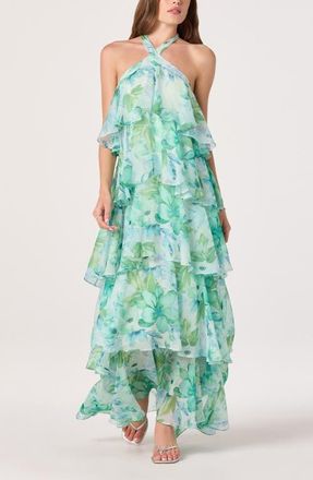 ASTR the Label Daiga Print Chiffon Halter Maxi Dress in Green Floral at Nordstrom, Size X-Small