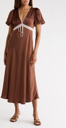 Wayf Lace Trim Puff Sleeve Midi Dress in Brown at Nordstrom Rack, Size X-Large
