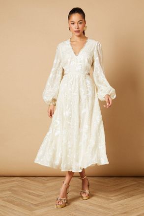 Oasis Womens Chiffon Sequin Embellished Floral Midaxi Dress - White - Size 10 UK