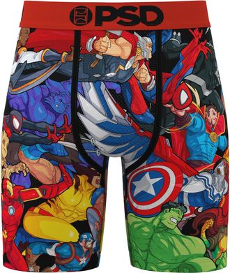 PSD Mens Marvel Print Boxer Briefs - 7 Inch Inseam Breathable and Supportive Mens Underwear with Moisture-Wicking Fabric, Marvel Squad, M