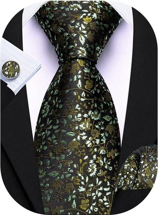 Barry.Wang Olive Green Tie Mens Silk Floral Necktie Pocket Square Cufflinks Set Wedding Prom