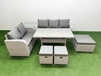 Fimous 8 Seater PE Rattan Wicker Garden Furniture Patio Conservatory Sofa Set w/ Rectangular Dining Table 3 Seater Sofa Love Sofa 3 Stool Side Table