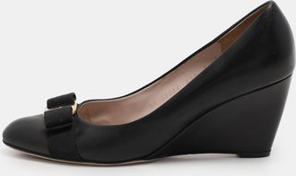 Ferragamo Black Leather Vara Bow Wedge Pumps