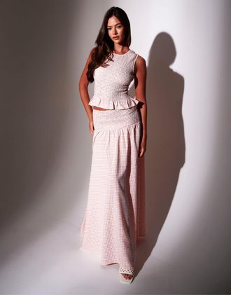 South Beach Gonna lunga con vita arricciata testurizzata a quadretti color corallo-Arancione