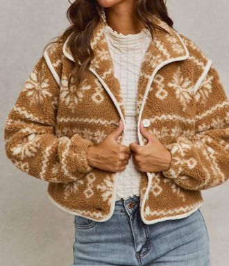 So Me Sherpa Faux Fair Isle Button Down Jacket In Camel