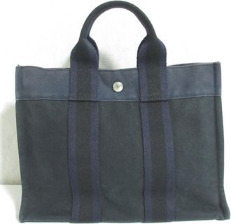 Herm&egrave;s Black Navy Cotton Handbag Tote Bag (Pre-Owned)